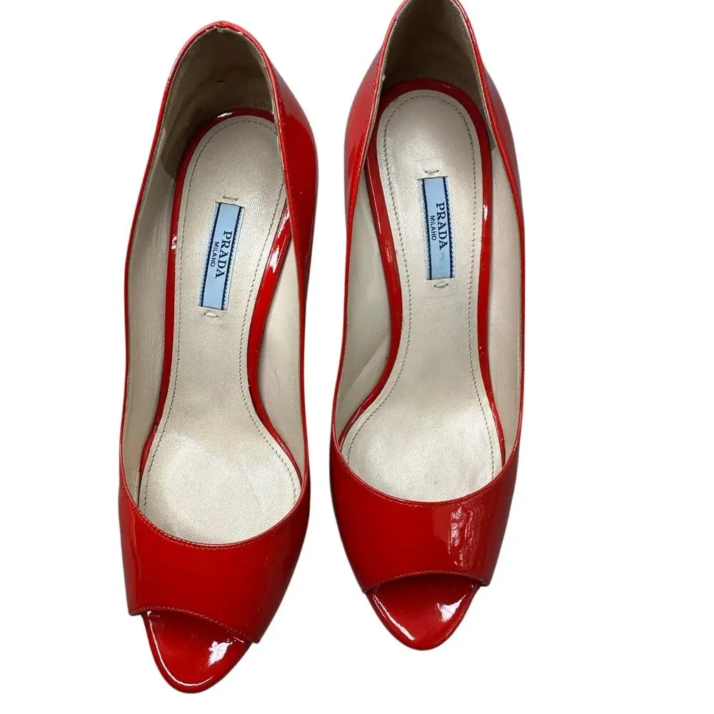 Prada Peep Toe Platform Pumps Red Patent Leather High Stiletto